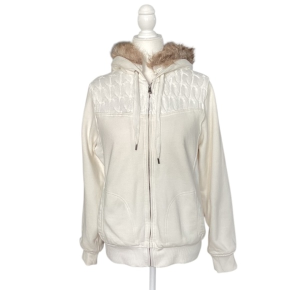 Green Tea Hooded Cable-knit White Sweatshirt - Picture 1 of 7